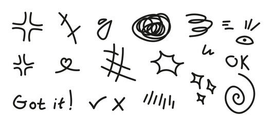 Anime manga hand drawn effect set. Doodle scribble pencil, pen or marker hand made heart, eye, speech bubble, sparks, stars (Full Vector)