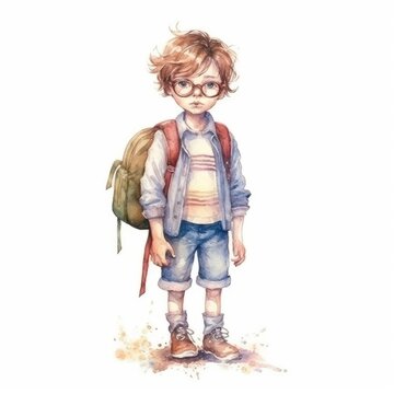 watercolor of A child standing with a backpack and a school uniform