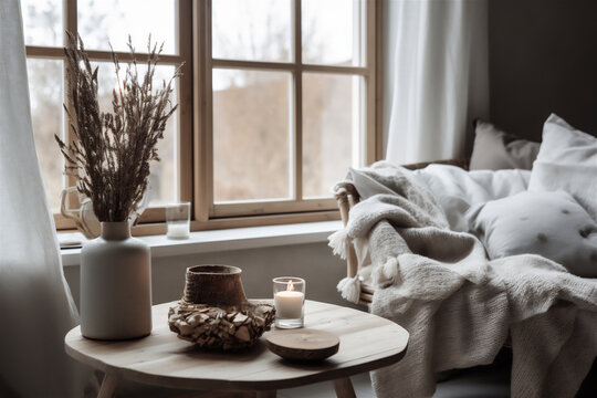 cozy winter or autumn interior, candle and vase near window, created with Generative AI