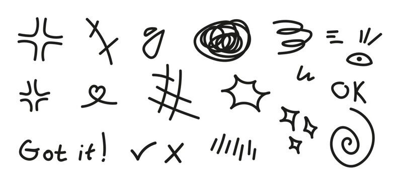 Anime manga hand drawn effect set. Doodle scribble pencil, pen or marker hand made heart, eye, speech bubble, sparks, stars (Full Vector)