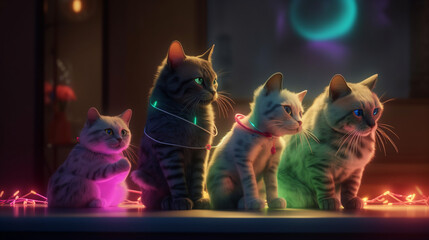 A group of cute cats is having a party with candels and neon illumanation lights, AI generated.