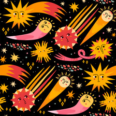 Falling stars, Comet, Shooting lights, sun, asteroids. Space Set. Cartoon style objects with faces. Hand drawn Vector illustration. Square seamless Pattern, background, wallpaper