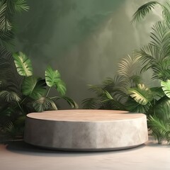 empty stone podium with nature tropical leaves