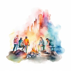 watercolor of a group of hikers gathered around a bonfire