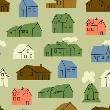 Various small tiny Houses. Paper cut cartoon minimal style. Flat design. Hand drawn Vector illustration. Building, sweet home, real estate concept. Square seamless Pattern, background, wallpaper