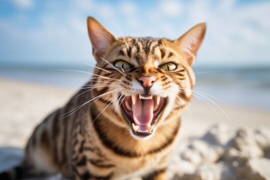 Studio portrait photography of a smiling bengal cat growling against a beach background. With generative AI technology