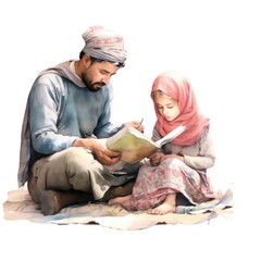 watercolor of a volunteer helping a child learn how to read