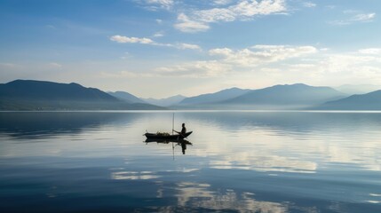 Fototapeta na wymiar Fisherman fishing in a calm lake with mountains in the background