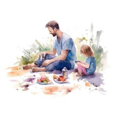 watercolor of Father and child enjoying a picnic