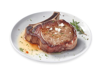 Grilled ribeye plate with salt on top on cutout PNG transparent background. Generative AI - obrazy, fototapety, plakaty