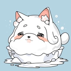 illustration happy dog ​​taking a soapy bath, Drowning illustration  white dog inside bath