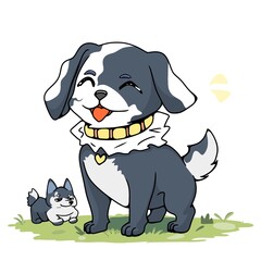 drawn happy dog ​​with tongue, dark color with white collar