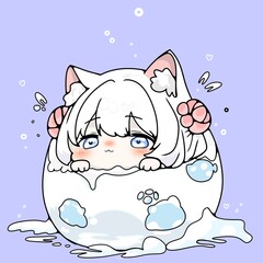 White anime cat with blue eyes inside bath, Cute anime illustration , cat drawings 