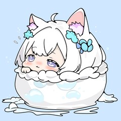 cute anime cat inside bubble bath