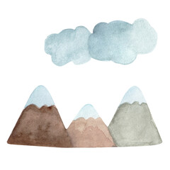 Mountains,clouds. Set of watercolor illustrations isolated on white background.