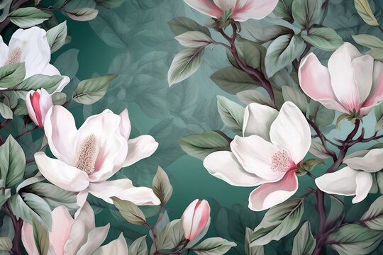 flower wallpaper floral magnolia pattern leaf decoration retro watercolor background seamless. Generative AI.