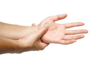 Concept photo of pain or spasm in thumb, which muscles of which are spasming or aching joints.Pain at the base of the thumb