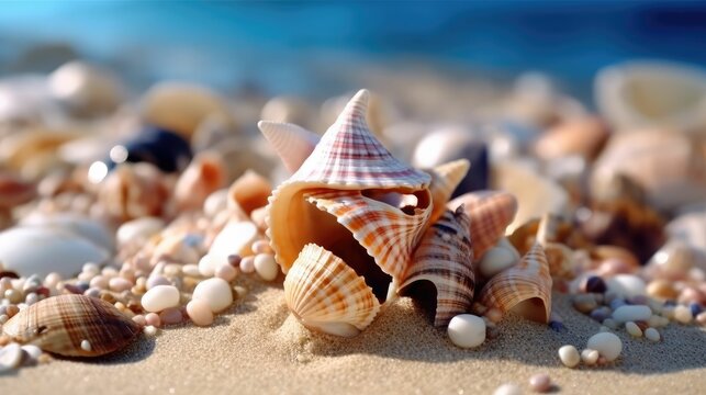 Closeup of conch shells and other sea shells on sandy beach