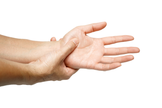 Concept photo of pain or spasm in thumb, which muscles of which are spasming or aching joints.Pain at the base of the thumb