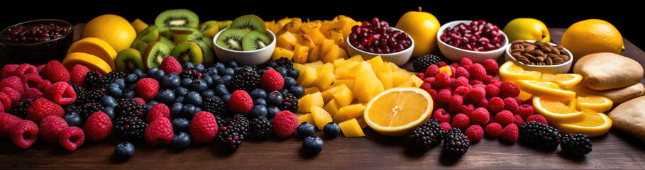 Fruits variety, top view, fruits spilled on a table, healthy eating banners, bio - generative ai