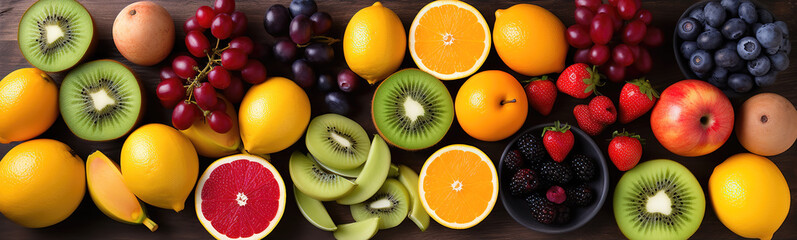 Fototapeta premium Fruits variety, top view, fruits spilled on a table, healthy eating banner, bio - generative ai
