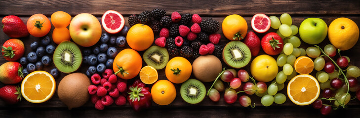 Fruits variety, top view, fruits spilled on a table, healthy eating banners, bio - generative ai