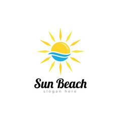 Fototapeta premium sunset sunrise with sea water sea beach vector logo icon.