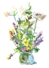 Naklejka na ściany i meble Bouquet of wild flowers. Illustration. Watercolor drawing, isolated on white background.