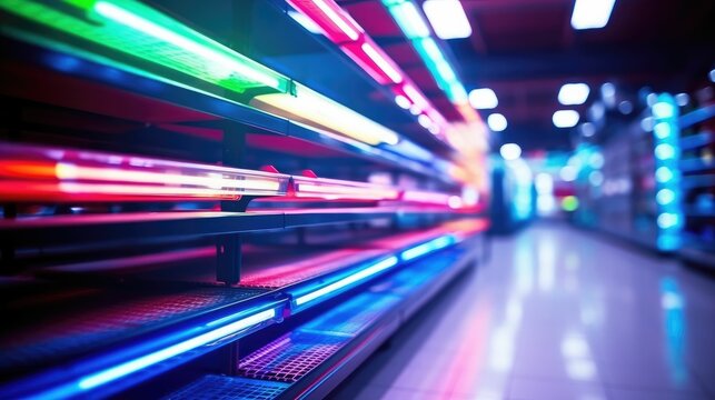Bokeh blurred background with abstract shelves in a store