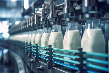 A selective focus shot of complete milk bottling line in a factory
