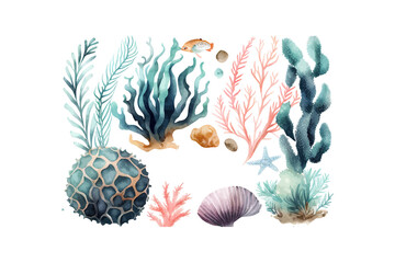 Watercolor corals and fish. Vector illustration desing.