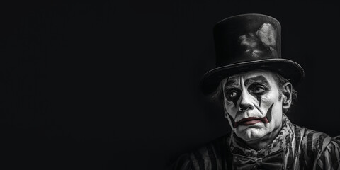 Black and white photorealistic studio portrait of a sad clown on black background. Generative AI illustration