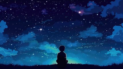 Fototapeta na wymiar Illustration of a boy gazing up at a starry sky