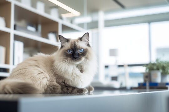 Environmental portrait photography of a happy ragdoll cat playing against a stylish office space. With generative AI technology
