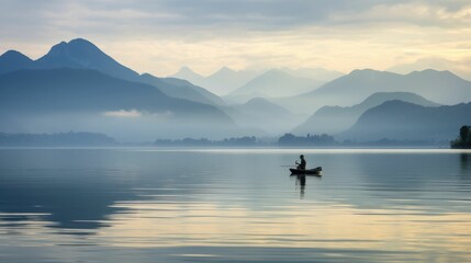 Fisherman fishing on a calm lake with mountains and sky