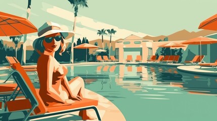 Vector illustration of a girl by the pool in retro style