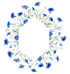 Watercolor blue cornflowers and wildflowers frame, summer wedding isolated illustration