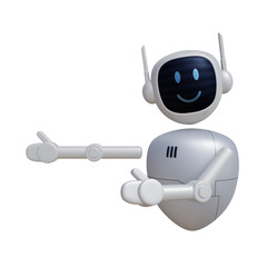 Cartoon robot 3D render pointing to left. Customer support chatbot, online consultant, assistant. 