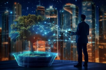 Customer network relationship and business investment growth up management concept on virtual screens, Businessman hold future data graph development planning on the network structure of the business 