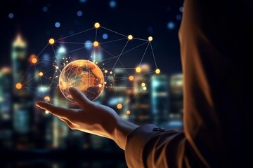 Customer network relationship and business investment growth up management concept on virtual screens, Businessman hold future data graph development planning on the network structure of the business 