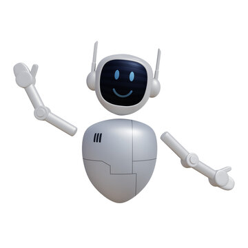 Cartoon robot 3D render with happy gesture. Customer support chatbot, online consultant, assistant. 