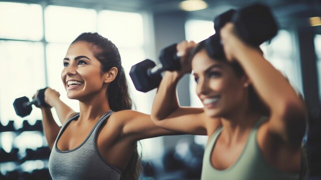 Women friends working out with dumbbells in gym