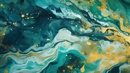 Green and gold marble background with fluid art