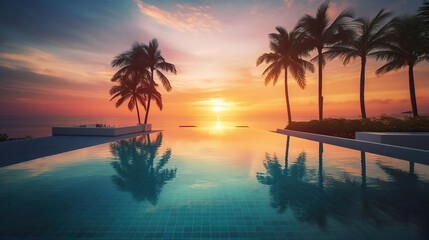 Fototapeta na wymiar Outdoor luxury sunset over infinity pool swimming summer beachfront hotel resort, tropical landscape. Beautiful tranquil beach holiday vacation background. Generative AI