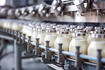Fototapeta na wymiar A selective focus shot of complete milk bottling line in a factory