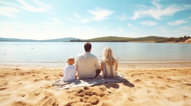 Young family of three sitting on sand by water