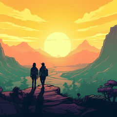 Obraz premium silhouette of a couple hiker in the mountains. Generative AI