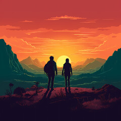 Obraz premium silhouette of a couple hiker in the mountains. Generative AI