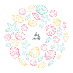 Watercolor round frame of sea shells, doodle hand drawn color vector illustration isolated on white background