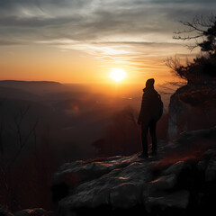Obraz premium Silhouette of a person on the top of the mountain. Generative AI